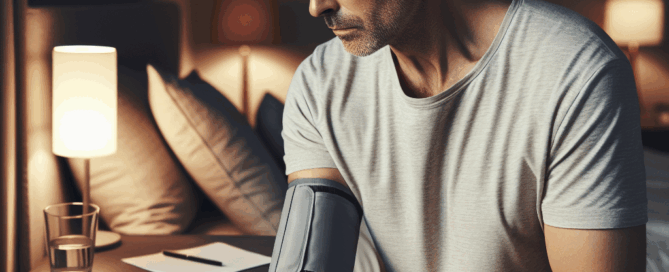 Mann der bei sich selbst Blutdruck misst